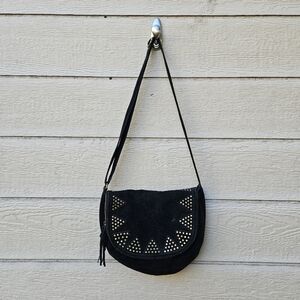 Brora black suede saddle bag with gold tone studs